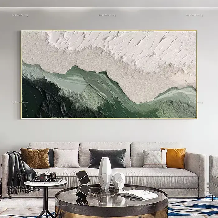 Grande peinture à l'huile spéciale peinte à la main, verte et beige, texture moderne, toile épaisse,