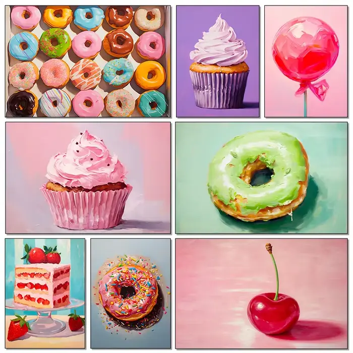 Peinture sur toile moderne rose, sucette, beignet, cerise, beignets, Macarons, Cupcake, impression Pop Art, affiche alimentaire colorée, décor de cuisine