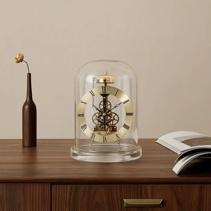 Horloge à quartz squelette avec dôme en verre, style rétro, fonction carillon, pour collectionneurs, salon, bureau