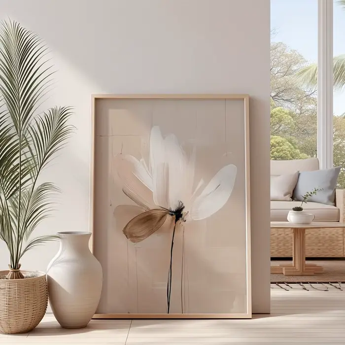 Affiche murale florale abstraite minimaliste neutre à imprimé floral de printemps, texture beige, décoration intérieure botanique abstraite beige