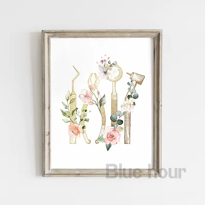 Affiches d'art mural de dentiste en or avec fleurs