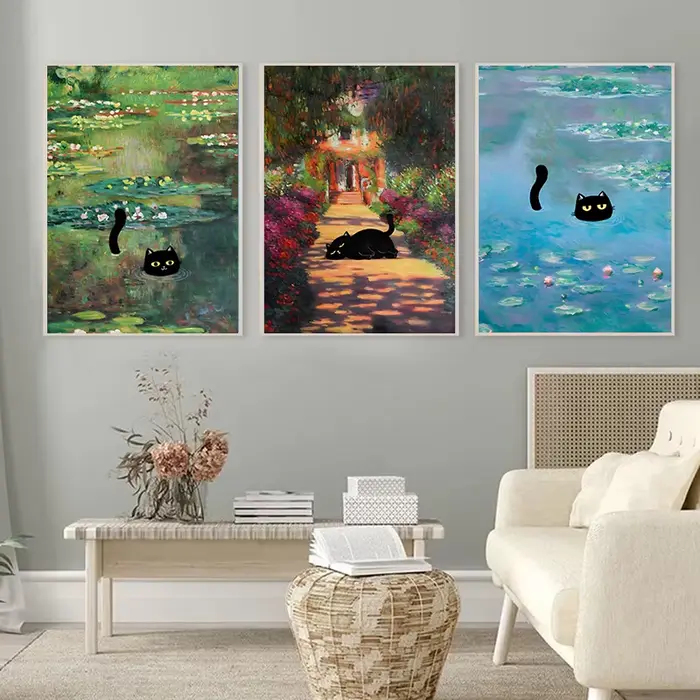 Peintures célèbres Mona Lisa nuit étoilée avec drôle chat noir affiche toile peinture tournesol Reproduction mur Art décor à la maison