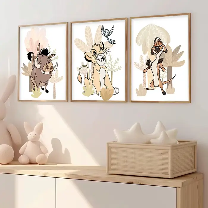 Simba et ses amis, impressions d'art, affiches du Roi Lion, peinture sur toile de dessin animé classique, images murales, décoration de chambre de bébé tropicale