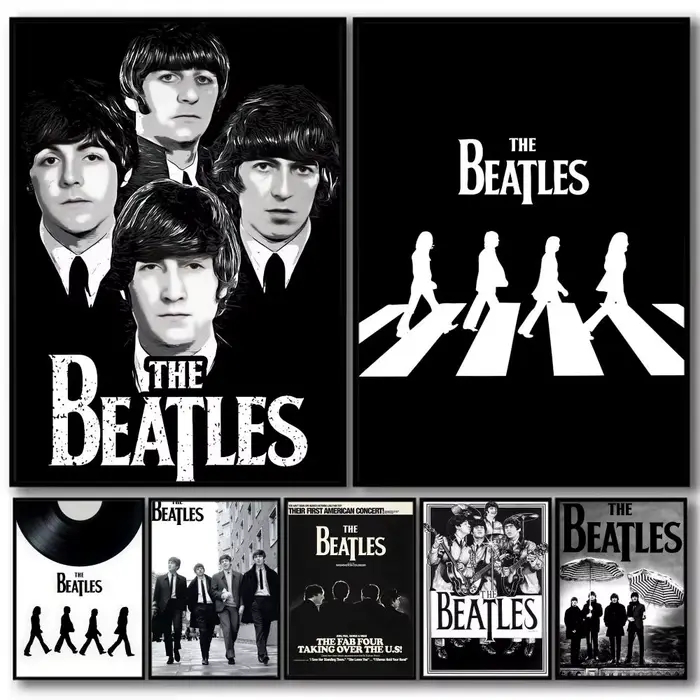 Affiche murale en toile de coton avec peinture et calligraphie des Beatles