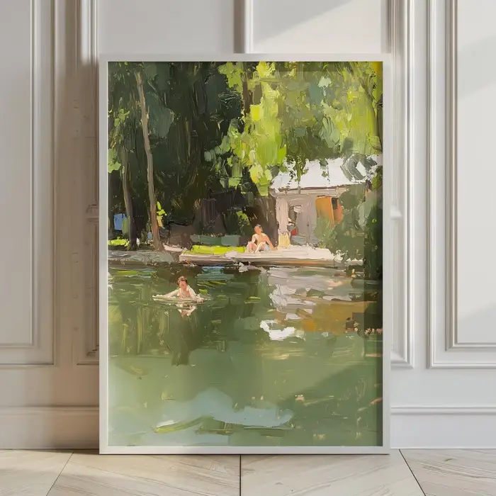 Impressionniste - Tableau mural décoratif sur le thème du lac d'été - Peinture à l'huile expressive d'une scène au bord