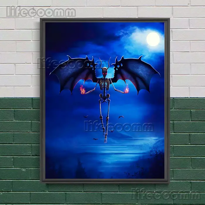 Toile d'art mural Vintage, l'ange déchu, Beelzebub et le crâne de démon, peinture d'ange du démon, affiche d'art et décor de dôme imprimé