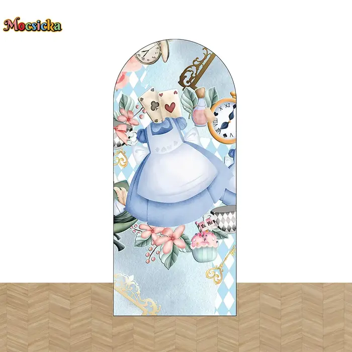 Mocsicka-Toile de fond de couverture arquée Alice au pays des merveilles pour fille, fond rose fleur, cabine double face, horloge d'anniversaire et de thé