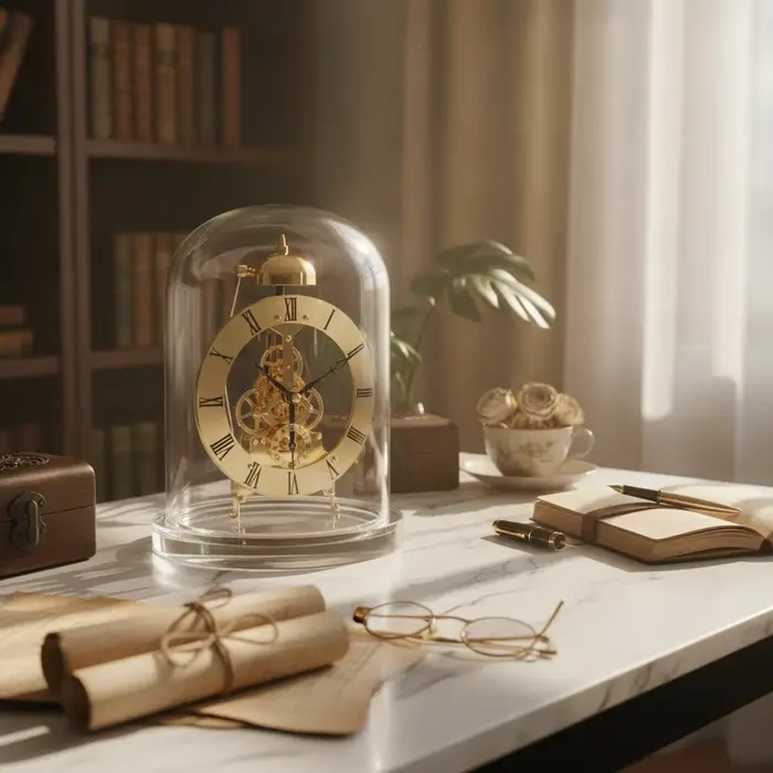 Horloge à quartz squelette avec dôme en verre, style rétro, fonction carillon, pour collectionneurs, salon, bureau
