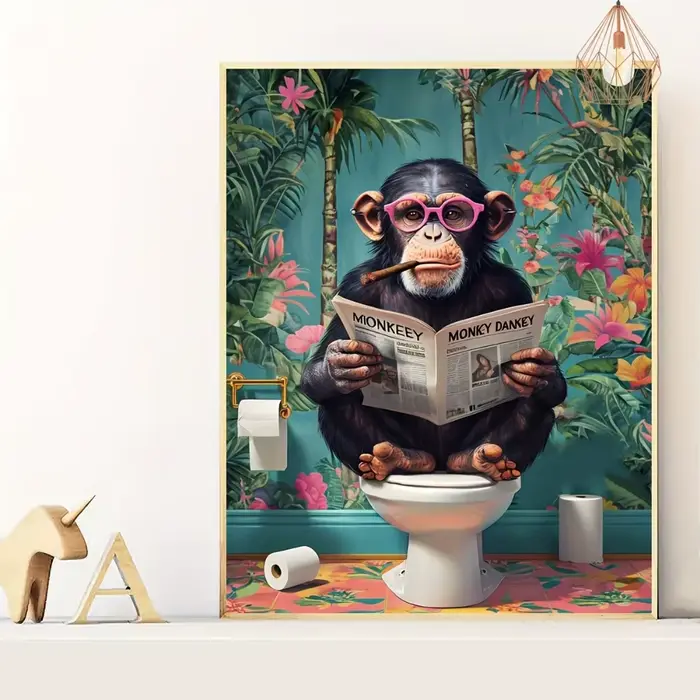 Un gorille drôle sans cadre lisant un journal sur la peinture sur toile des toilettes pour la décoration artistique du