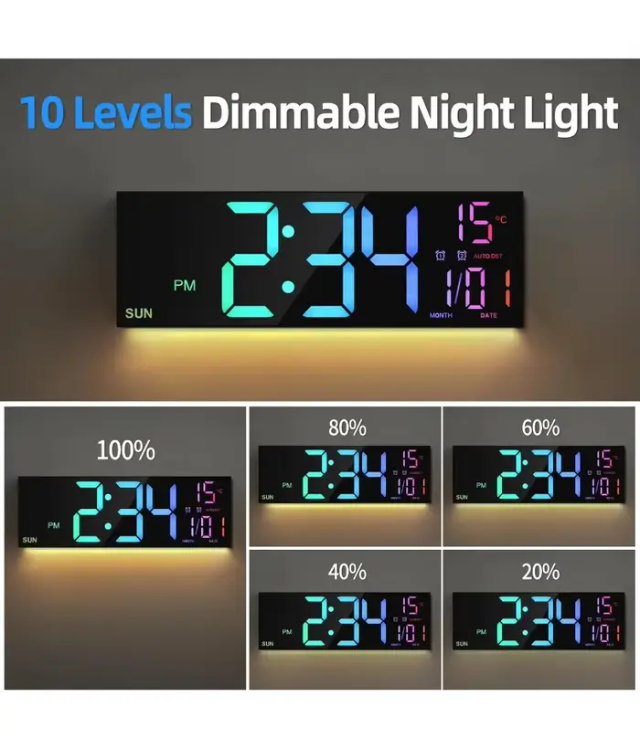 Grande horloge murale numérique 16.2 pouces, avec télécommande, grand LED/double alarme/8 couleurs rvb, réveil numérique, montre électronique