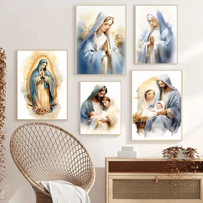 Affiche de prière aquarelle catholique vierge marie et enfant jésus