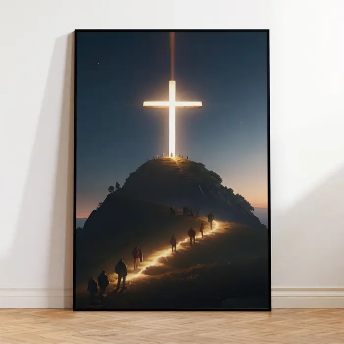 Toile d'art mural avec croix chrétienne moderne sur le dessus de la montagne, affiches de croyants d