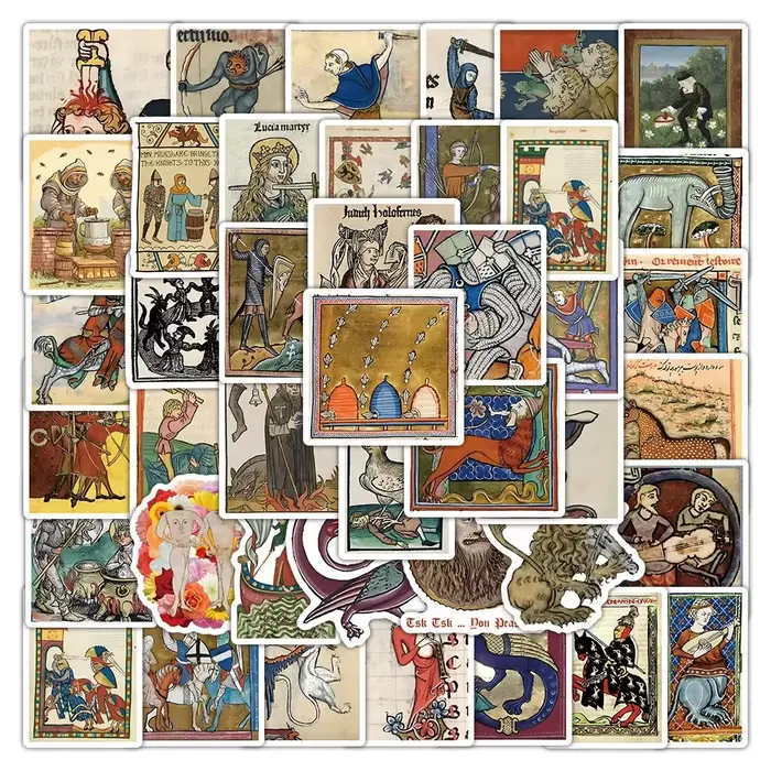 50 autocollants rétro à motifs d'art médiéval pour DIY, téléphone, ordinateur portable, bagages, skateboard, graffiti – Amusants pour enfants, jouets, cadeaux de fête