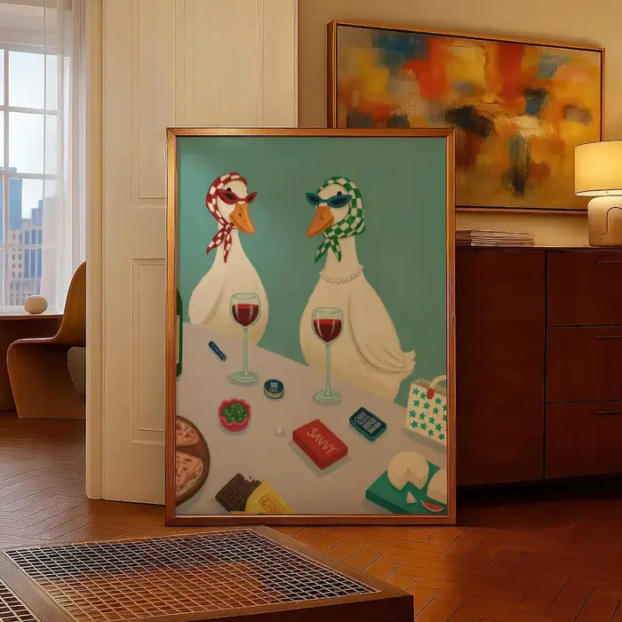 Affiche imprimable en toile d'art mural de vin de canard drôle avec une élégante scène de fromage
