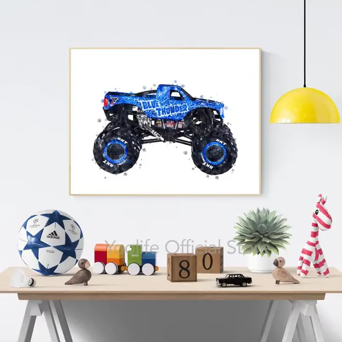 Peinture d'art aquarelle de dessin animé Monster Truck, toile imprimée, affiches nordiques modernes, cadeaux pour garçons, décoration de chambre d'enfants, images