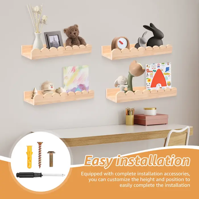 Étagère de rangement murale en bois festonné, 3/4 pièces, forte charge, étagère murale flottante en bois avec crochet, présentoir décoratif