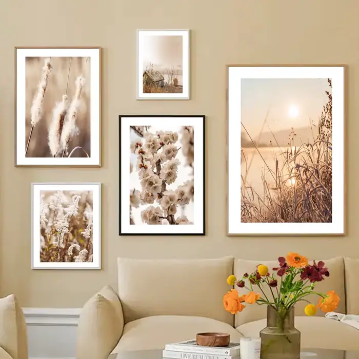 Affiche d'automne naturelle, coucher de soleil, maison dans les arbres, herbe, roseau, blé, peinture sur toile, art mural, impression, images, décoration de salon, décoration de la maison