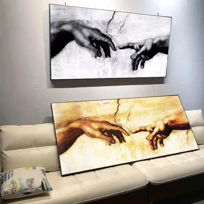 Main de dieu, création d'adam, peinture sur toile noire et blanche imprimée sur images d'art murales de Canavs pour décor de salon (sans cadre)