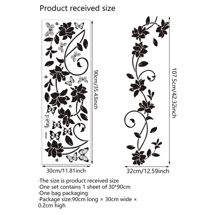 Autocollant mural papillon Floral noir auto-adhésif pour arrière-plan de chambre à coucher, 90x30CM,