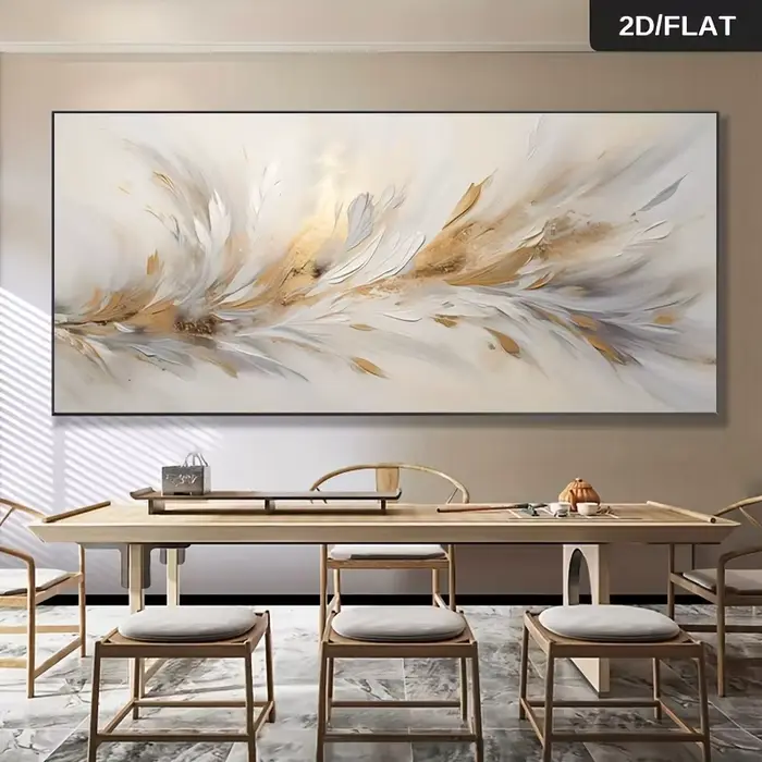 Peinture sur toile abstraite moderne sans cadre - Décoration murale contemporaine dorée, grise et bl