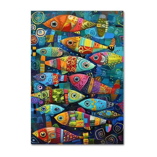Affiches et imprimés sur toile de poisson coloré abstrait dans la mer, peinture murale Vintage pour 