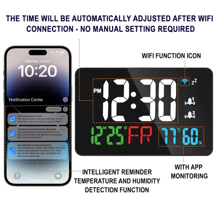 LED horloge murale numérique WIFI temps synchronisé température humidité Date illimité Snooze