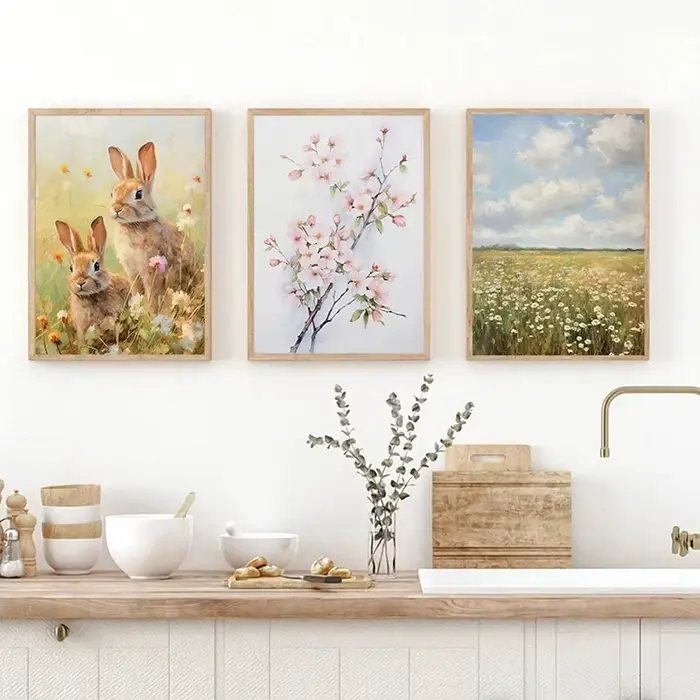 Affiche de printemps et de Pâques, champ de fleurs sauvages de printemps, famille de lapins, ville, lapin de Pâques, peinture sur toile, art mural, image, décoration de la maison