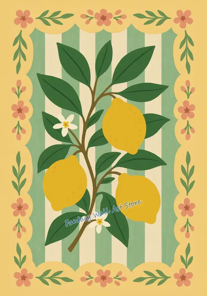 Fruits Vintage Art populaire fraise cerise citron myrtille Orange Folk imprime affiche toile peintur