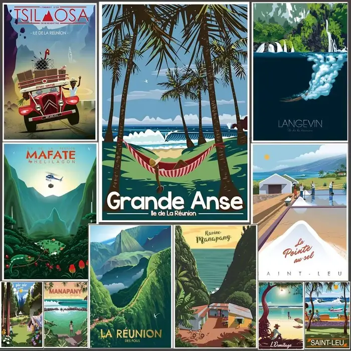 Affiche de voyage vintage de l'île de la Réunion en France avec impressions