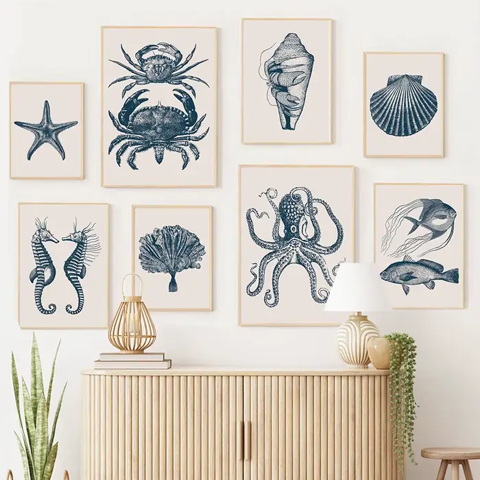 Hippocampe poulpe méduse crabe Vintage vie Marine mur Art impression toile peinture affiches pour salon moderne décor à la maison