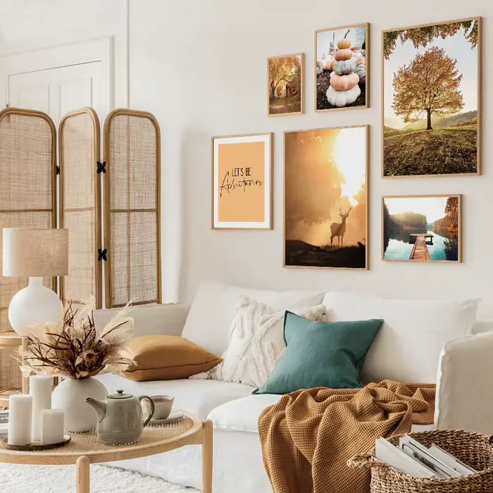 Toile imprimée et affiches de paysage de pays d'automne, arbre de lac, cerf, forêt, peinture de roseau de citrouille, décor d'image de salon