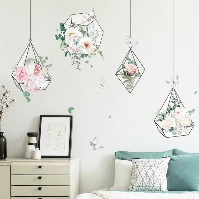 Autocollant Mural panier suspendu fleurs fraîches, décoration de fond de canapé, plante murale, embe