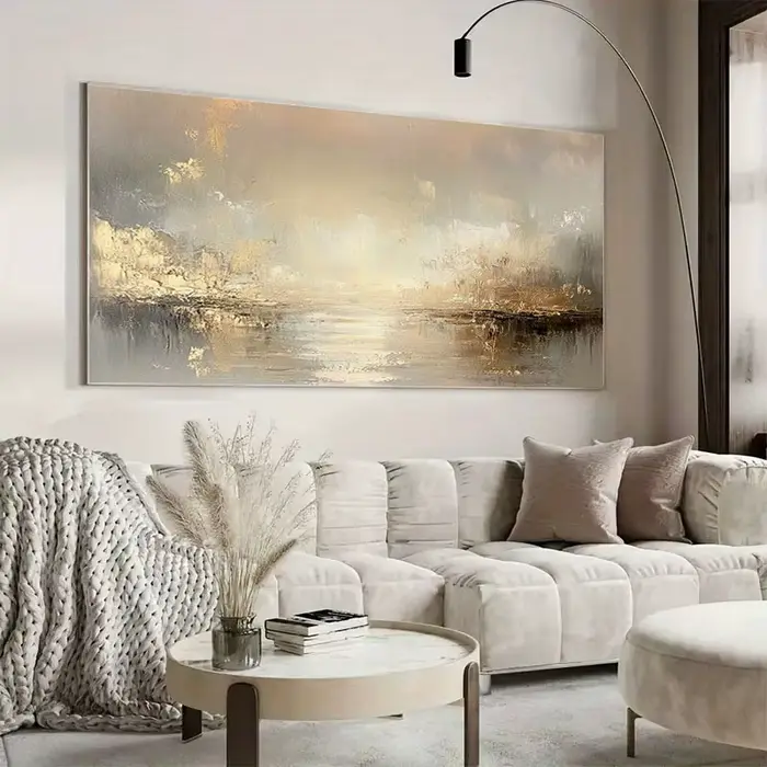 Grande peinture à l'huile texturée abstraite beige et dorée – Art mural sans cadre pour salon