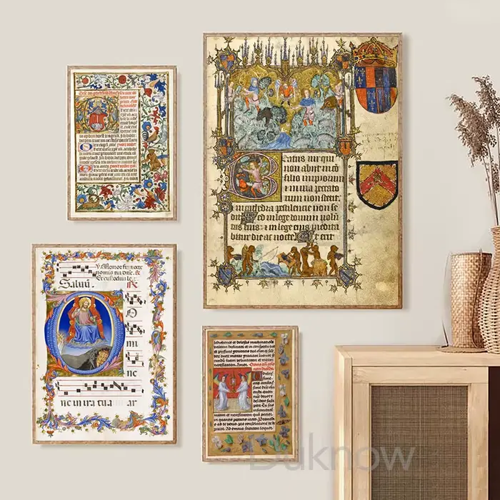 Affiches manuscrites éclairées sur le thème médiéval