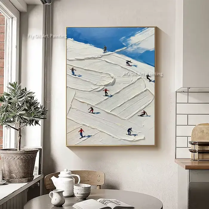 Conception Simple peint à la main blanc Art montagnes enneigées peinture à l'huile épaisse abstraite montagne personnes ski toile œuvre décoration murale