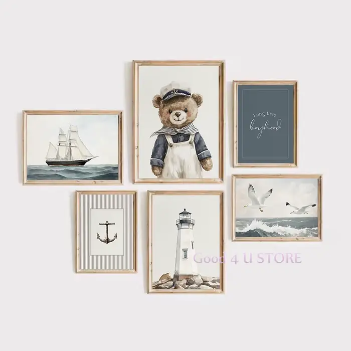 Affiche de paysage marin de mouette d'ancre de phare côtier nautique d'aquarelle
