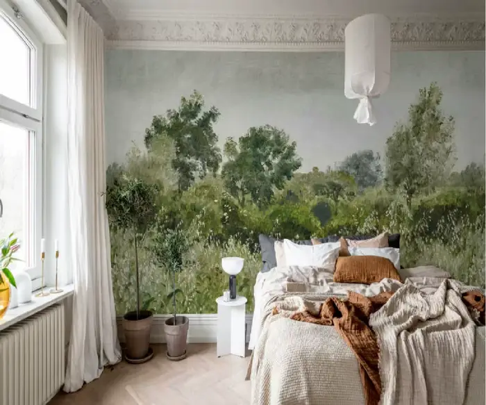 Papier peint personnalisé, peinture à l'huile, art forestier, murale de jungle, décoration intérieure, brouillard forestier, matin de l'aube, décoration murale forestière