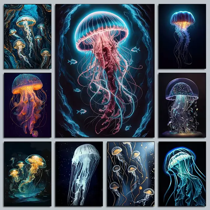 Affiches de méduses colorées vibrantes, faune marine, imprimés de corail nautique, peinture sur toile, tableau d'art mural, décor de salon de maison