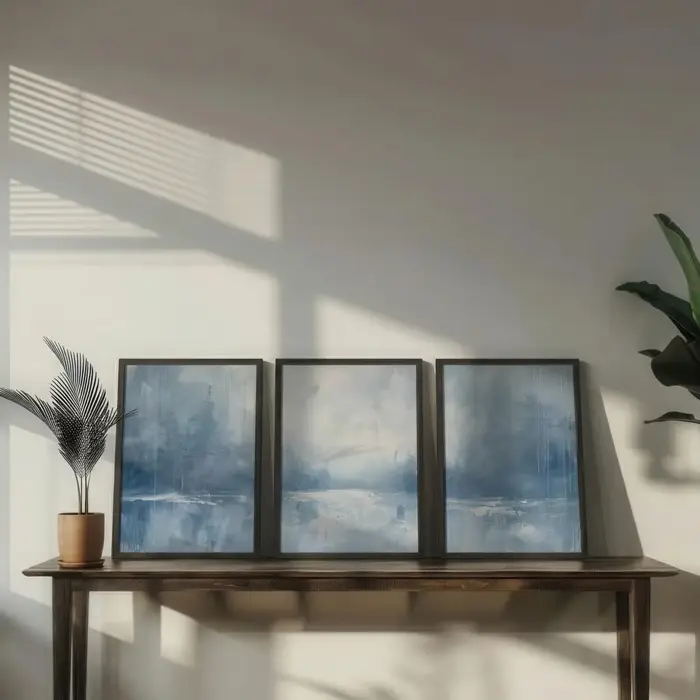 Lot de 3 tableaux muraux abstraits bleu ardoise et blanc