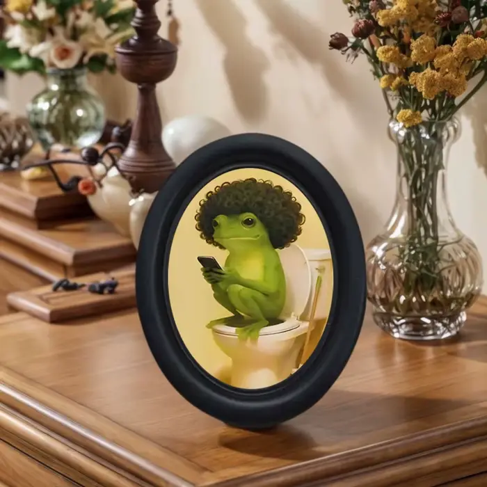 1 pièce de décoration murale amusante en forme de grenouille de toilette avec cadre ovale