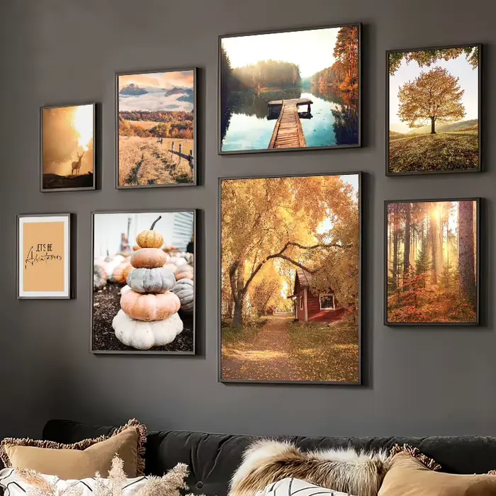 Toile imprimée et affiches de paysage de pays d'automne, arbre de lac, cerf, forêt, peinture de roseau de citrouille, décor d'image de salon