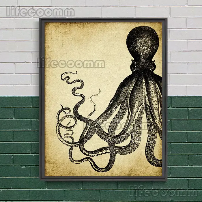 Biologie marine de salle de bains de poulpe, peinture sur toile d'art mural Vintage poulpe, molusc, 