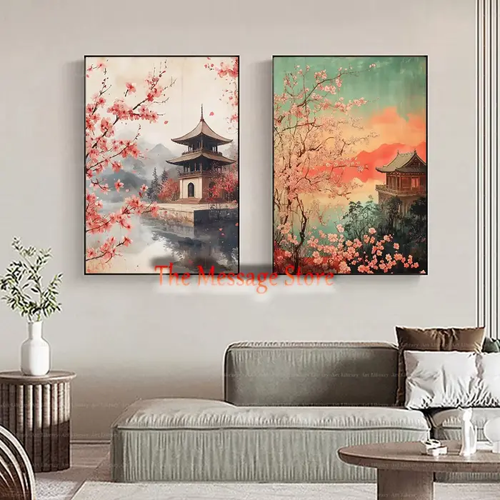 Peinture de paysage printanier inspirée de l'Ukiyo-e rétro