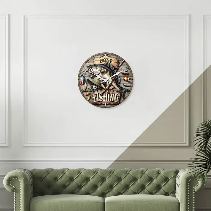 Modèle d'équipement de pêche personnalisé Horloge murale en bois Salon Chambre Cuisine Décoration de la maison