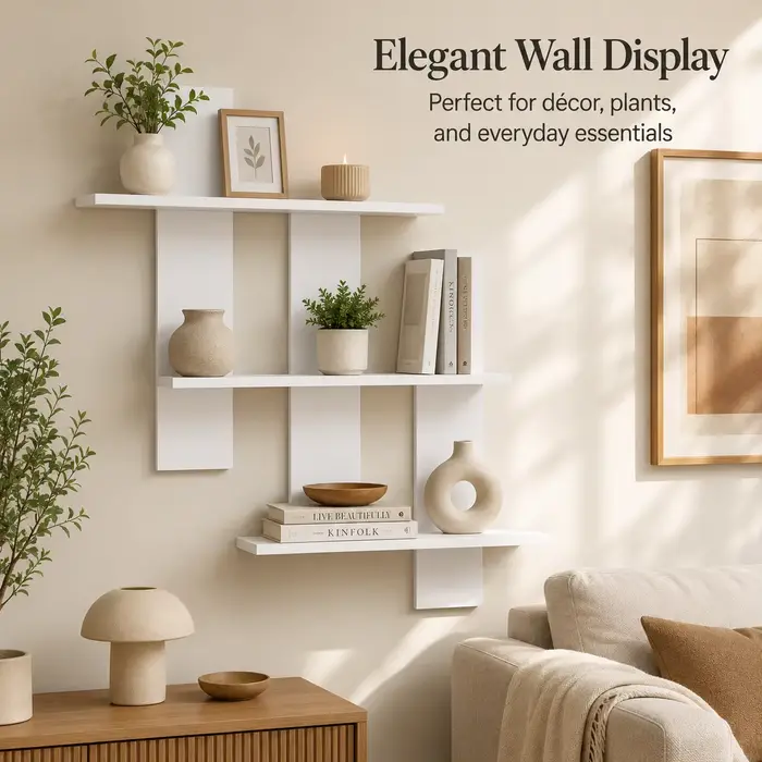 Étagère murale flottante abstraite moderne, étagère de présentation asymétrique blanche à trois niveaux, étagère décorative murale