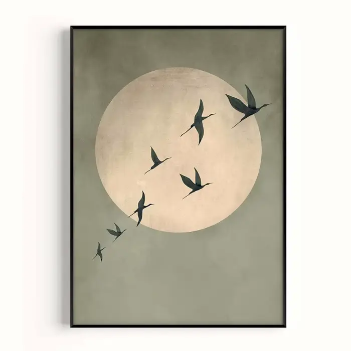 Sage Green Japandi Art Print - Grand Art mural abstrait soleil et oiseaux volants