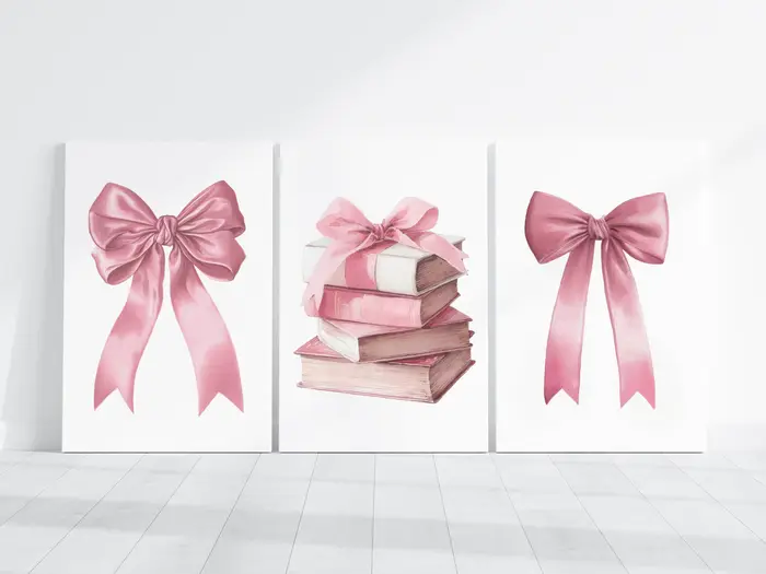 Lot de 3 affiches ou impressions sur toile avec nœuds roses, style tendance Coquette Preppy Girly, d