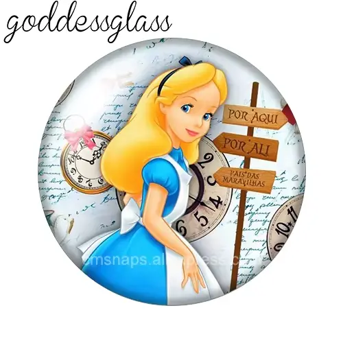 Cabochon en verre photo Alice au pays des merveilles, horloge miroir, lapin, chat, 12mm/18mm/20mm, dos plat, pour la création de bijoux et de porte-clés