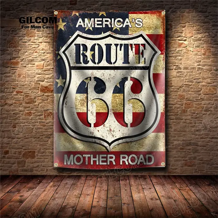 America's Route 66 US Mother Road rétro bannière drapeau affiche mur Art décoration AD Vintage signe