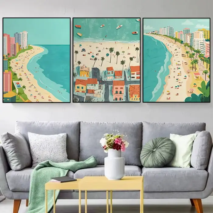 Affiche de paysage de voyage de ville de plages d'été, plage de mer, surf et natation, peinture sur toile, Art mural pour décoration de salon et de maison